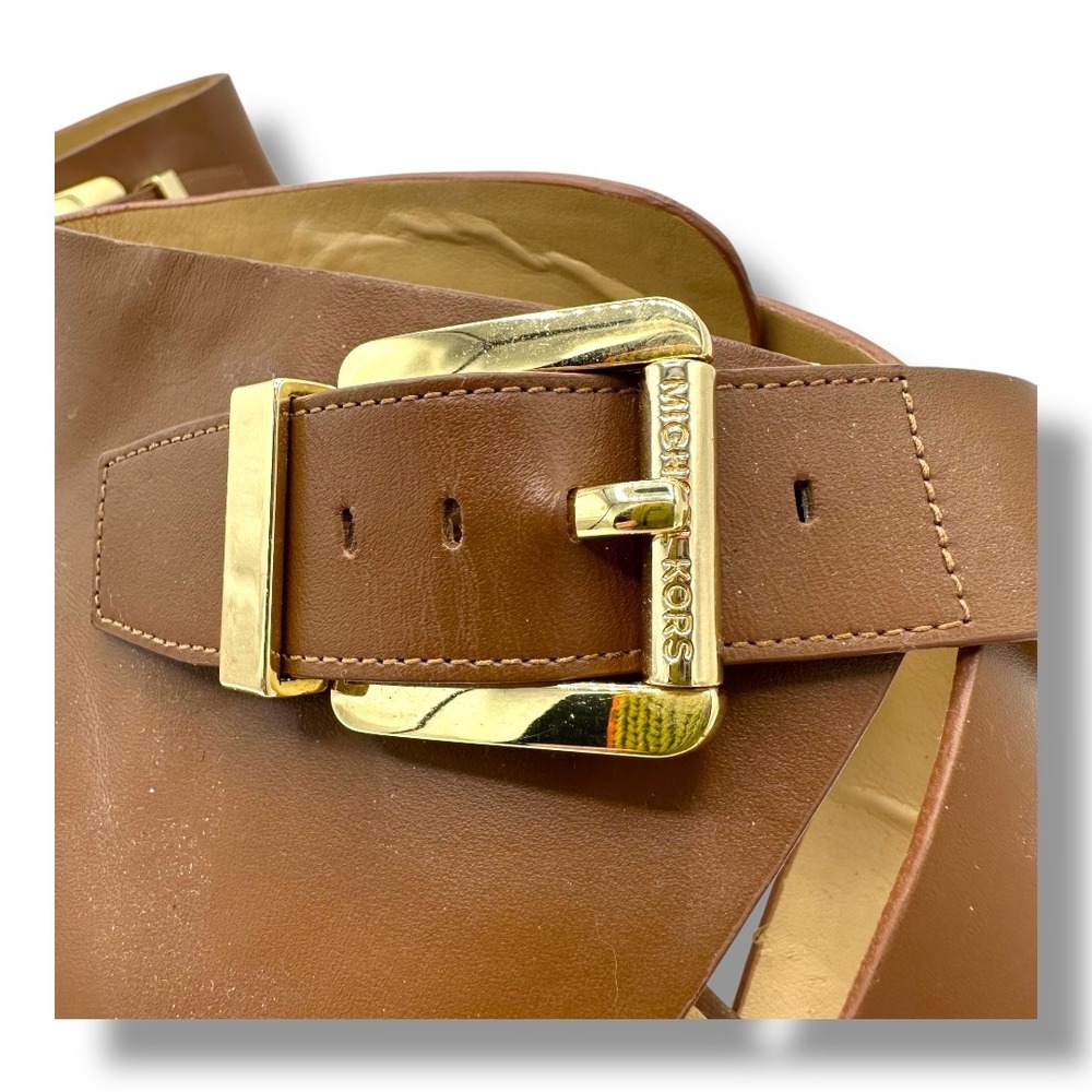 Michael Kors Womens Luggage Tan Leather Adriana Wedge Sandals Gold Buckle Sz 9.5 - Picture 7 of 16
